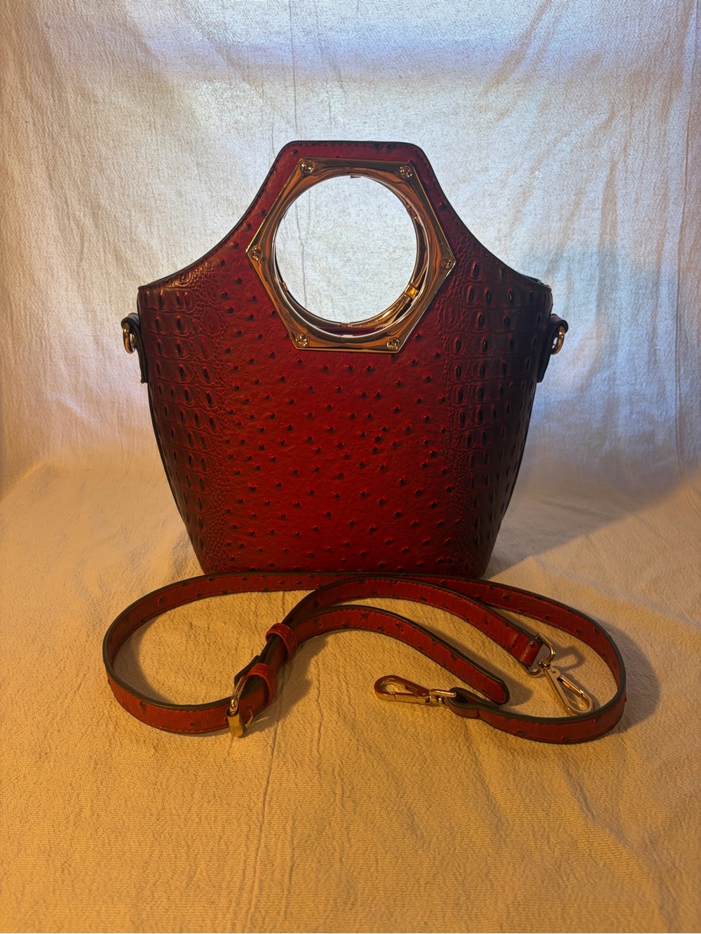 Red Ostrich-Texture Shoulder Bag with Gold Ring Handle